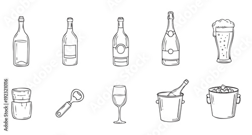 Hand drawn outline collection of alcoholic drinks and bar accessories including wine bottles, champagne, beer glass, wine goblet, corkscrew, and buckets, suitable for beverage industry