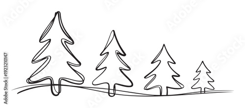 Modern continuous line sketch portraying four stylized Christmas trees in a winter forest setting, perfect for minimalist holiday greetings, seasonal decorations, and simple festive graphic
