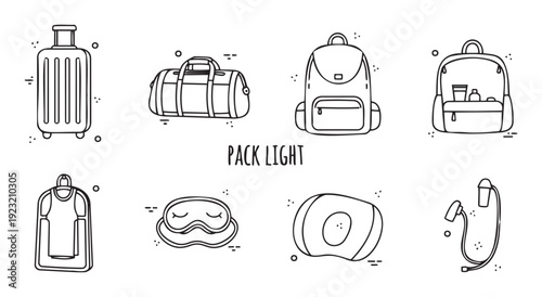 Travel and luggage icon set illustrating smart packing concepts with bags and personal items, ideal for travel applications, brochures, or destination marketing materials.