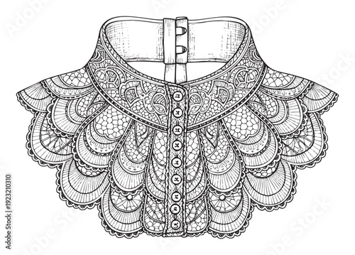 An intricately detailed decorative collar featuring elaborate lacelike patterns and front button closure, perfect for apparel designs, historical costume references, or adult coloring book