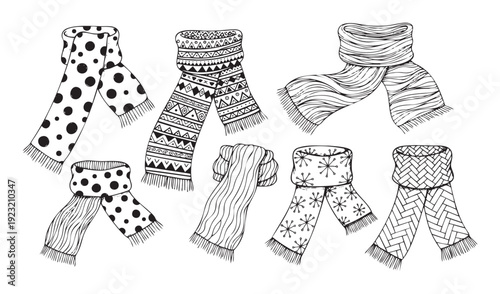 A collection of hand drawn winter scarves featuring diverse doodle motifs, perfect for seasonal clothing advertisements, cozy accessory visuals, or textile inspiration.