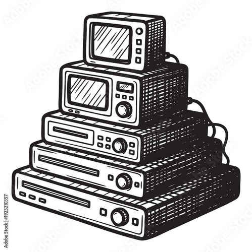 A towering stack of classic home electronic devices, including a television and various media players, depicted in a monochrome handdrawn sketch, ideal for celebrating vintage technology
