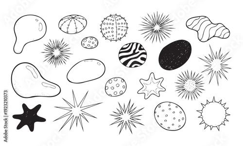 Collection of various abstract organic and spiky microorganism shapes providing versatile visual resources for scientific presentations, educational content, and conceptual graphic overlays.