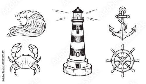 Collection of vintage nautical elements featuring an ocean wave, guiding lighthouse, sturdy anchor, marine crab, and ships wheel for maritimethemed projects and coastal promotions