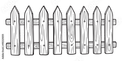 Simple black outline drawing of a rustic wooden picket fence perfect for garden boundary concepts or a simple coloring page activity for children and adults
