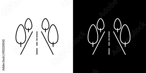 Minimalist vector line icon depicting a straight road with stylized trees, symbolizing journey, travel, and a scenic path for modern design applications