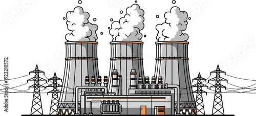 Graphic illustration of a nuclear power plant with three cooling towers emitting steam and connected power lines.