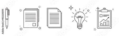Business and creative process line icons including pen documents light bulb and data analysis chart on clipboard perfect for corporate presentations educational materials and digital