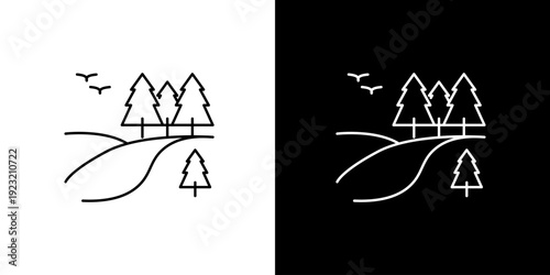 Minimalist outline icon of a serene landscape with rolling hills, trees, and birds flying in the sky, presented in both light and dark modes