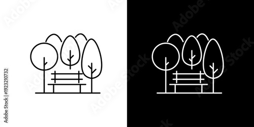 Minimalist line art park scene vector icon illustrating a tranquil outdoor space with a comfortable bench and various trees, perfect for graphic design elements promoting leisure and relaxation