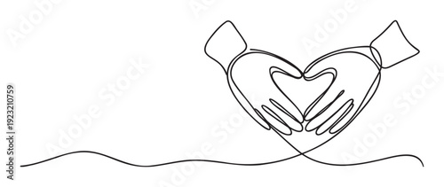 Continuous line drawing of two hands forming a heart shape symbolizing love and unity, perfect for romantic and relationshipthemed social media posts or greeting messages.