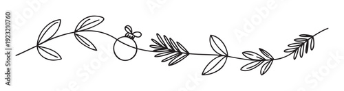 Simple hand drawn line art depicting a festive winter branch with various leaves and a delicate Christmas bauble ornament for holiday season graphic accents and seasonal greeting designs