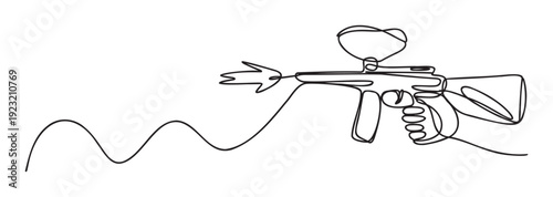 A minimalist continuous line drawing depicting a hand holding a paintball gun with a paint splat emerging from the barrel, suitable for sports and gaming related graphic projects