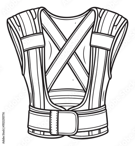 Detailed black and white line drawing of a durable body harness or a professional posture corrector vest, perfect for illustrating athletic gear and rehabilitation product catalogs.