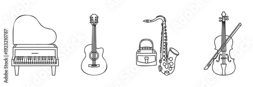 Collection of line drawings featuring classic musical instruments including a grand piano, acoustic guitar, saxophone with case, and violin with bow for music education and entertainment