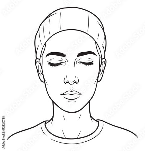 Serene woman with closed eyes and a soft head covering, embodying peace and mindfulness, ideal for wellness programs, meditation guides, and selfcare promotions.