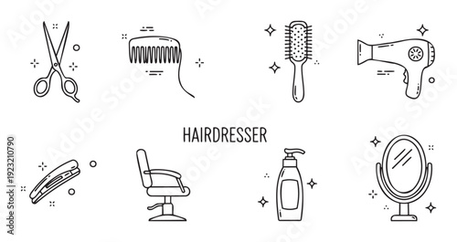 A comprehensive collection of black and white linear icons representing essential hairdresser tools and salon equipment for modern web graphics, mobile applications, and professional