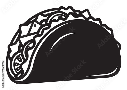 Bold graphic outline of a delicious taco filled with fresh ingredients, perfect for Mexican restaurant menus, food truck branding, culinary event promotions, or cooking blog content