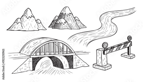 Hand drawn collection of mountain landscapes, a flowing river, an architectural bridge structure, and a road barrier symbol for travel and navigation concepts.