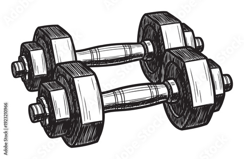 Dynamic black and white line drawing of two classic adjustable dumbbells symbolizing strength and fitness perfect for health and gym related graphics