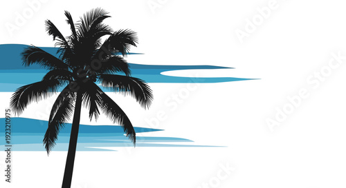 Silhouette of a palm tree against a stylized blue wave background and white space