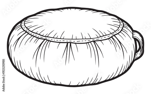 Black and white line drawing of a soft round fabric pouf or cushion featuring gathers and a small handle, suitable for home decor and textile craft projects