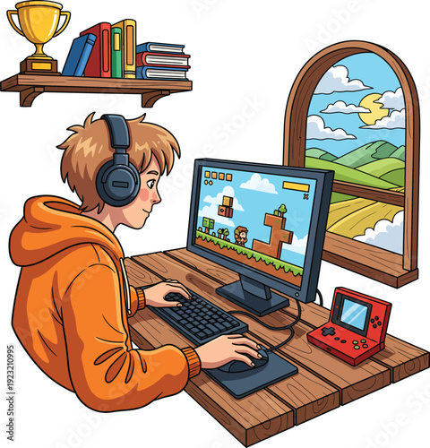 Illustrated young gamer in an orange hoodie and blue headphones playing a retro computer game.