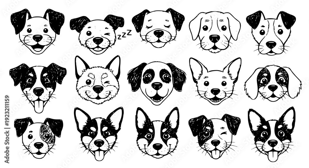 Fototapeta premium Whimsical Dogs Chalk Scribble Puppy Heads Vector Set with Funny Charcoal Sketch Outline Hand Drawn Doodle Style