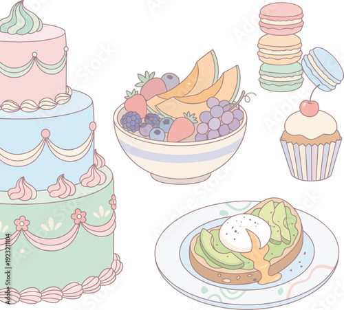 A delightful pastel-colored illustration featuring a multi-tiered cake, a bowl of fresh fruit, macarons, a cupcake, and avocado toast with a poached egg.