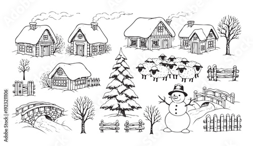 Black and white line drawing of a charming winter village collection with snowcovered houses, bare trees, a festive snowman, and a flock of sheep, ideal for holiday coloring books, seasonal