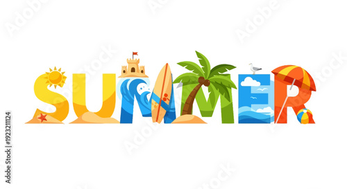 Summer Word Art: Beach Elements, Palm Tree, Surfboard, Sun, Waves, Sandcastle, Umbrella
