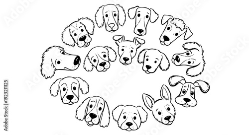 Cute Puppy Head Chalk Doodle Vector Collection in Circular Layout with Hand Drawn Charcoal Sketch Line Art