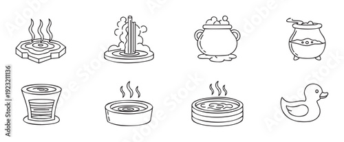 Collection of handdrawn line art icons depicting hot tubs, baths, and relaxation concepts perfect for spa branding, wellness promotions, or serene digital product illustrations