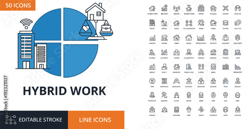 Set of 50 editable hybrid work line icons for remote office balance digital collaboration and flexible professional environments
