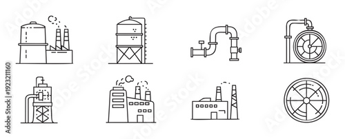 Set of industrial manufacturing and energy infrastructure vector line icons depicting factories, storage tanks, pipelines, and turbines, useful for business presentations, technical