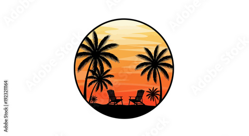 Sunset Beach Silhouette with Palm Trees and Chairs