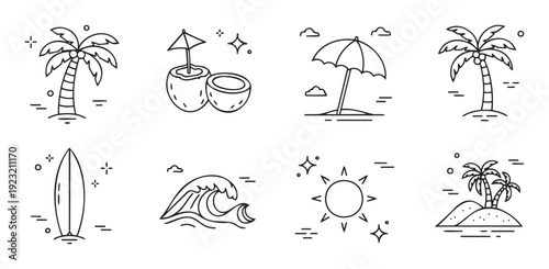 Modern linear graphic icons representing essential summer travel destination elements like sunny beaches exotic palm trees refreshing drinks and exciting surf waves perfect for various