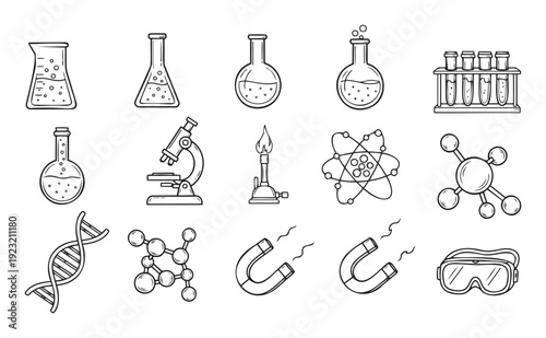 A comprehensive collection of fundamental science laboratory equipment and core scientific concepts perfect for educational materials, scientific research presentations, or chemistry and