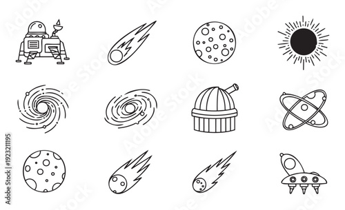 Collection of space and astronomy line icons depicting celestial bodies spacecraft and scientific concepts perfect for educational content web graphics and mobile application interfaces