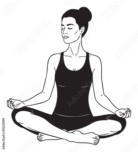 Serene woman practicing meditation in a peaceful yoga pose, ideal for wellness websites, spiritual blogs, fitness advertising, and mental health promotions