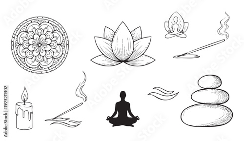 A collection of handdrawn meditation and relaxation symbols including lotus flowers, mandalas, meditating figures, incense, candles, and zen stones, perfect for wellness and mindfulness