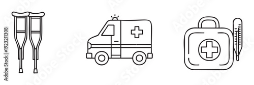 Essential medical and emergency service equipment outline icons featuring crutches, an ambulance van, and a first aid kit with a thermometer, ideal for healthcare industry projects.