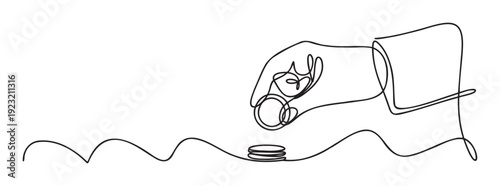 Continuous line drawing of a human hand carefully placing a coin onto a growing stack of money on a wavy line, symbolizing long term saving and financial investment.