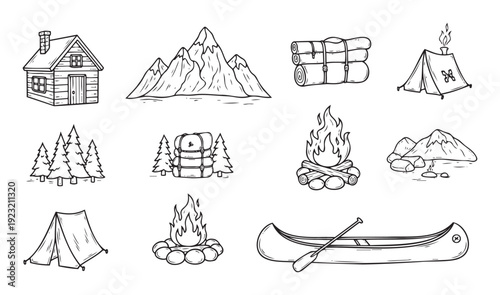 Collection of handdrawn outdoor adventure icons including a rustic cabin, majestic mountains, camping gear, glowing campfires, tents, and a classic canoe, ideal for travel and wilderness