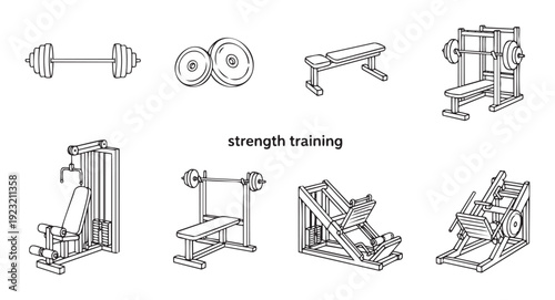 Set of gym strength training equipment, including barbells, weight plates, workout benches, squat racks, and various resistance machines, ideal for fitness applications and health visuals.