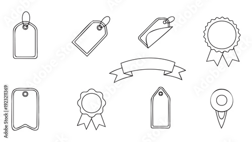Collection of outline tags labels and ribbons for product pricing sales marking identification and reward recognition for commercial use applications