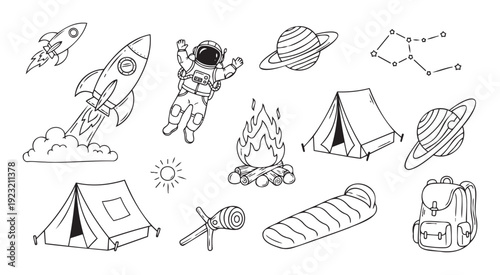 Collection of simple hand drawn cosmic exploration and outdoor camping adventure elements for childrens books educational materials and discovery themed projects
