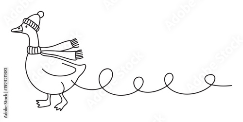 Whimsical winter goose character wearing a cozy knitted hat and striped scarf while walking and leaving a playful wavy line trail, perfect for seasonal designs or holiday promotions.