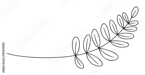 Simple line drawing of a minimalist leafy branch for nature inspired decorations, digital graphics, print materials, and various branding applications.
