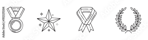 A collection of simple line icons depicting various symbols of achievement and recognition including a medal, a star, a ribbon, and a laurel wreath, ideal for awards, success, and